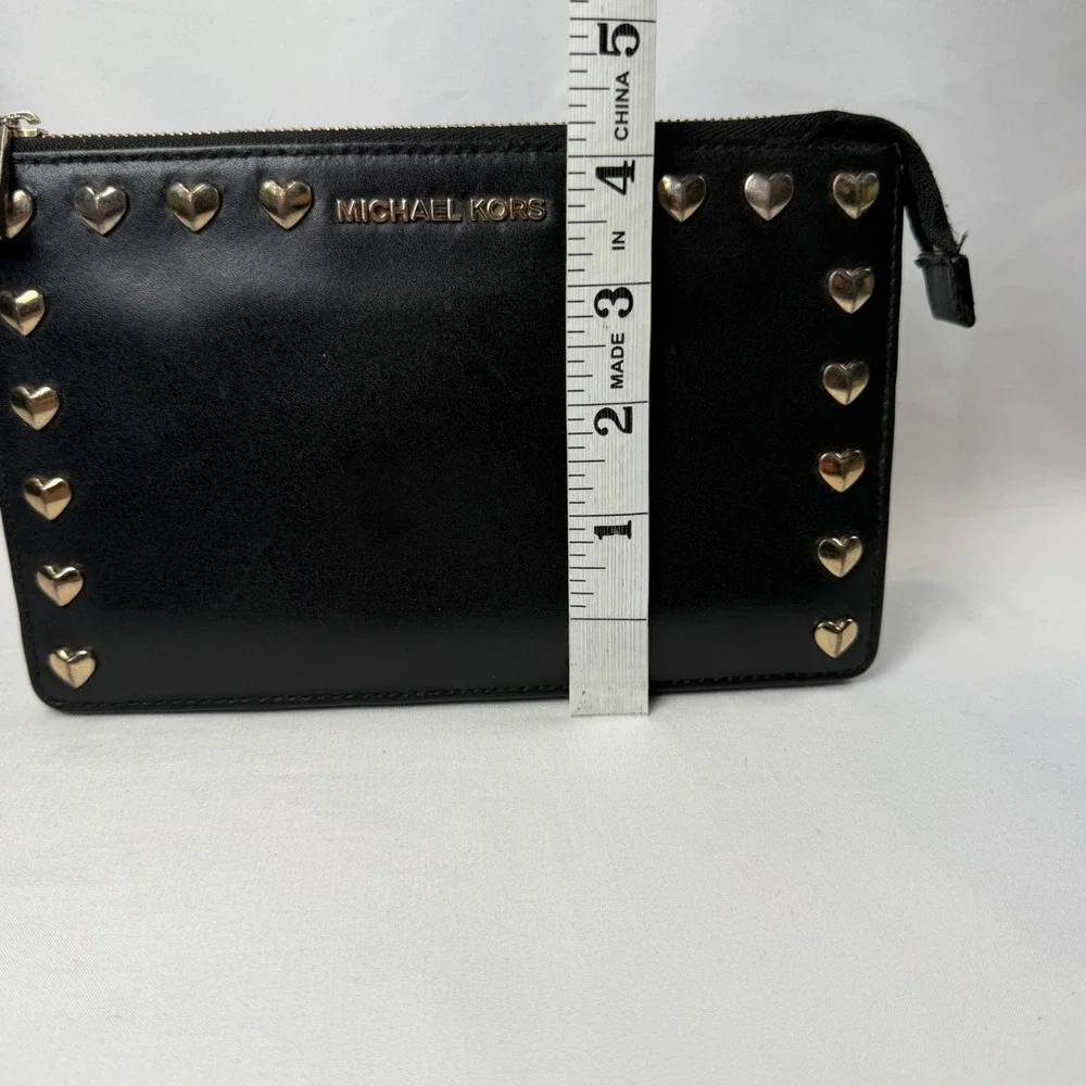 Michael Kors Heart Studded Clutch Bag Women Small Black Leather Gold Tone Zip